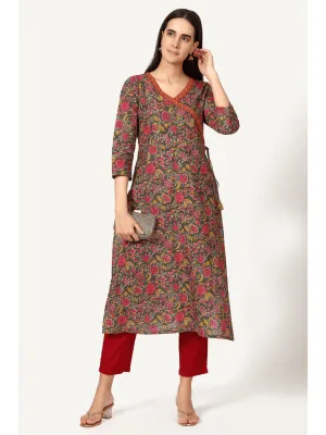 Green Floral Print Angrakha Kurta with Neck Embroidery